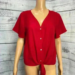 West Kei bright red short sleeve tie front shirt Sz M EUC sheer silky feminine